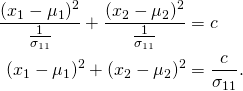 \begin{equation*} \begin{split} \frac{(x_1-\mu_1)^2}{\frac{1}{\sigma_{11}}}+\frac{(x_2-\mu_2)^2}{\frac{1}{\sigma_{11}}}&=c\\ (x_1-\mu_1)^2+(x_2-\mu_2)^2&=\frac{c}{\sigma_{11}}. \end{split} \end{equation*}